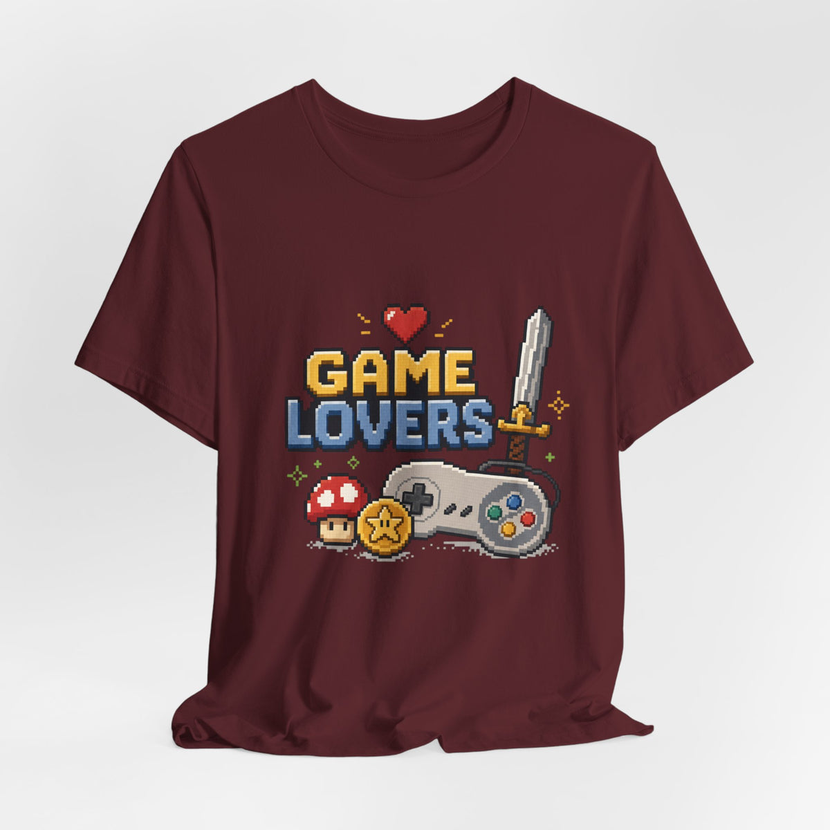Game Lovers Pixel Art T-Shirt — Retro Controller, Sword & Power-Ups Tee