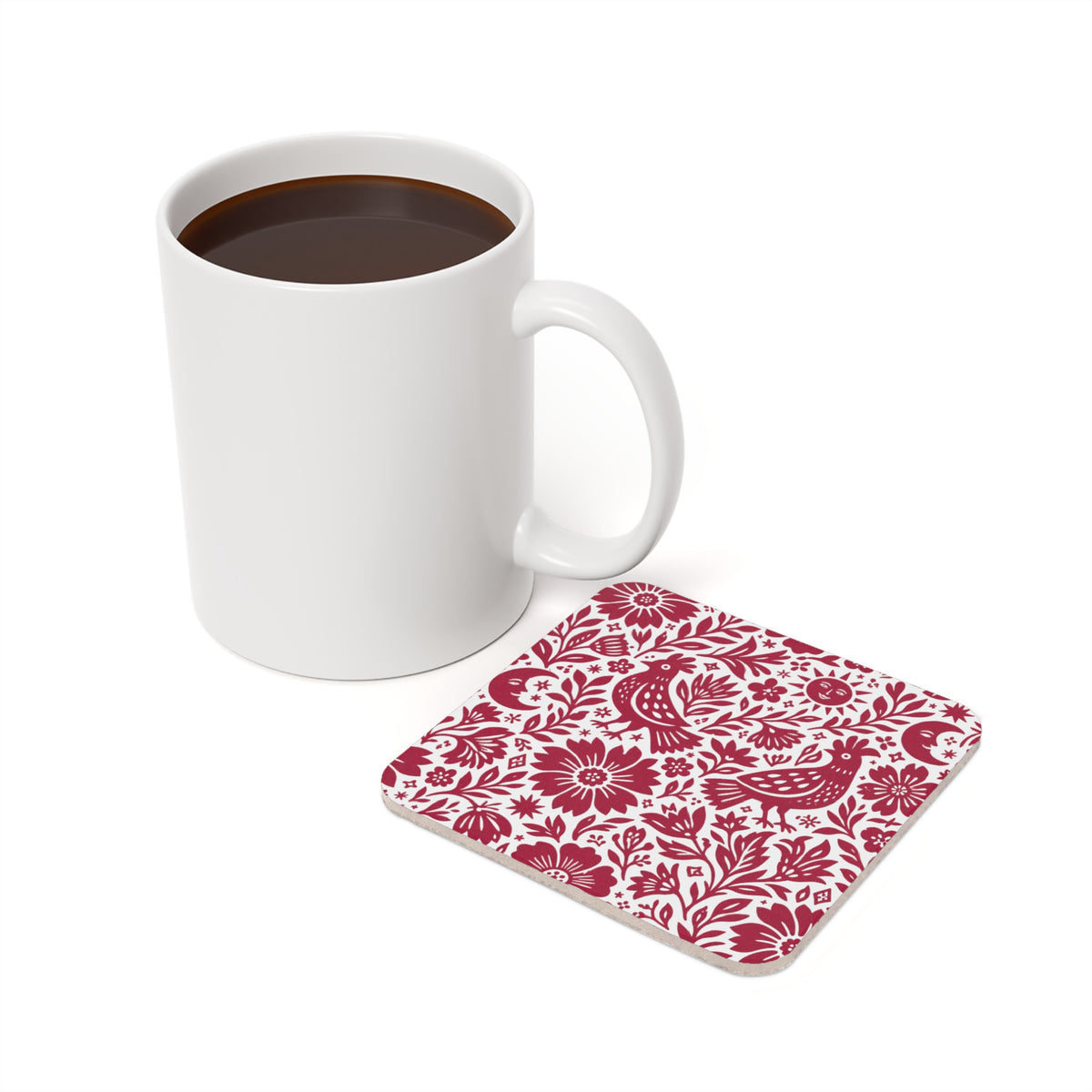 Round Cork Coaster — Red Folk Bird & Floral Design