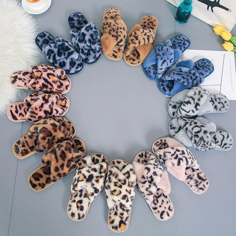Cross-strap Fuzzy Slippers Leopard Plush House Shoes Flat Bedroom Slippers Slippers For Women - GIFTS EMPORIUM