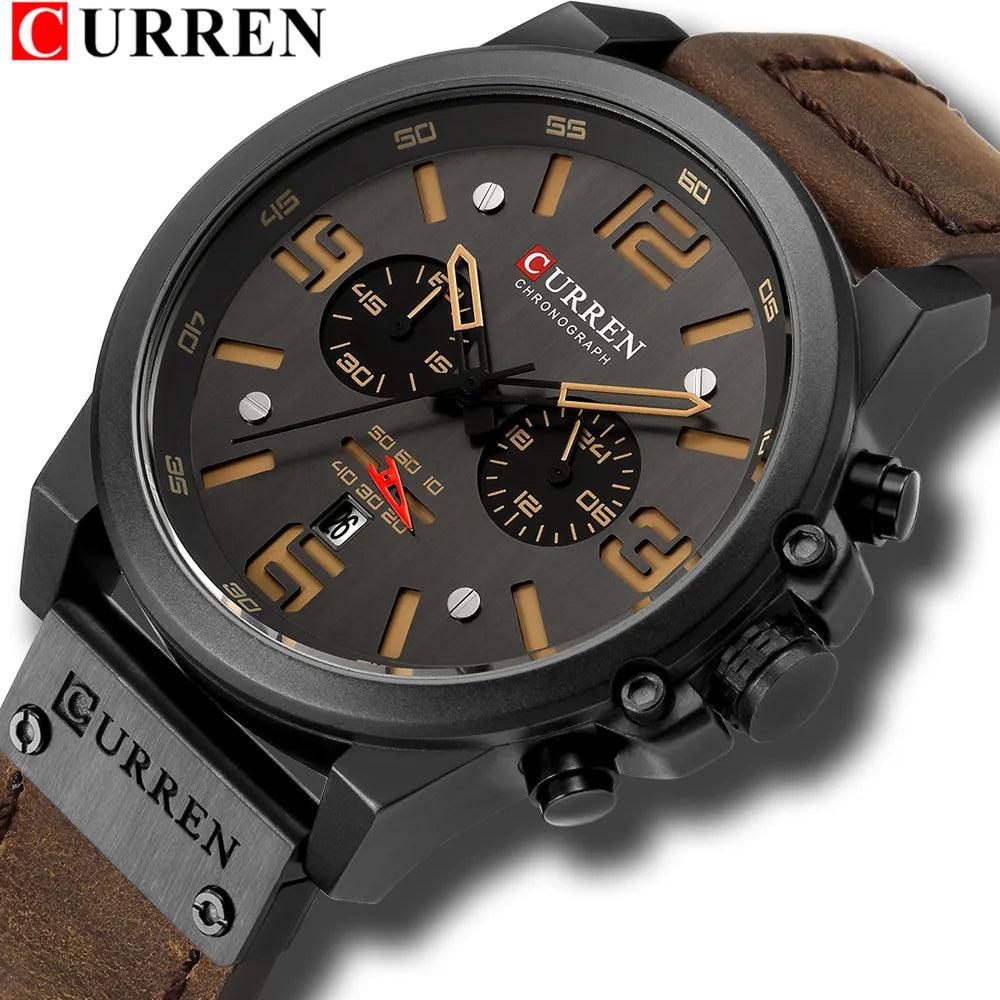 CURREN Mens Watches Waterproof Sport Wrist Watch Chronograph Military Genuine Leather Relogio Masculino - GIFTS EMPORIUM