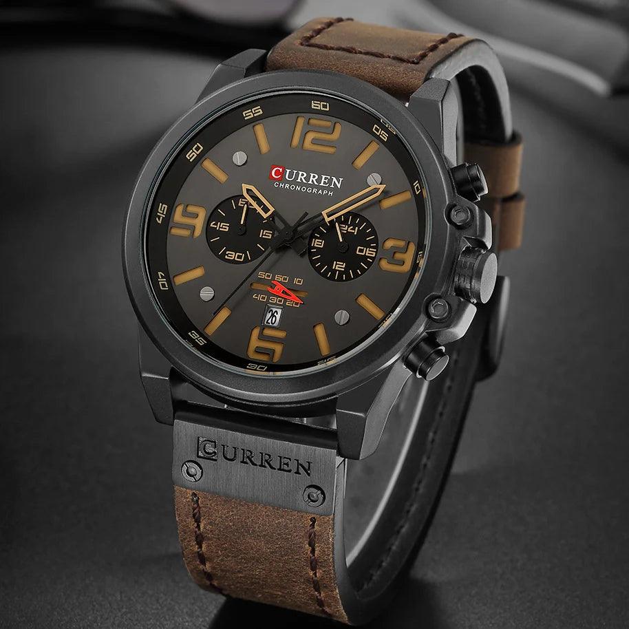 CURREN Mens Watches Waterproof Sport Wrist Watch Chronograph Military Genuine Leather Relogio Masculino - GIFTS EMPORIUM