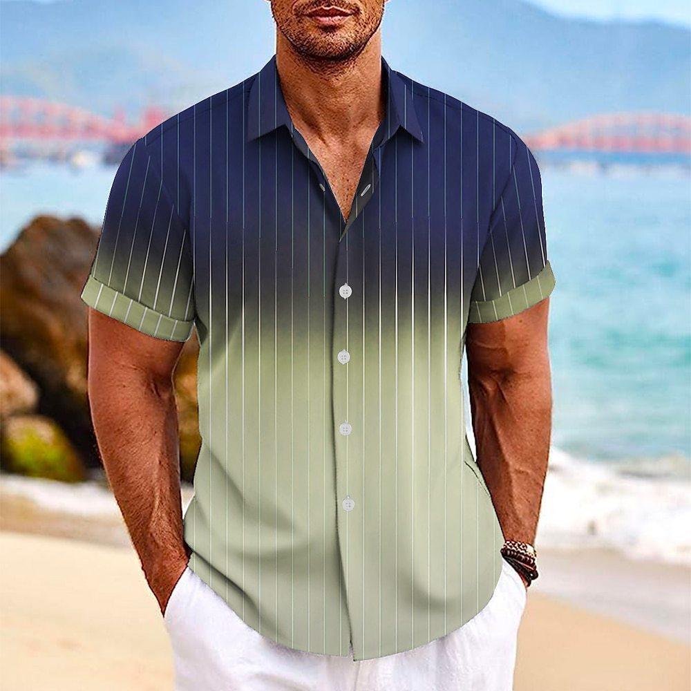 Lapel Button Short-sleeved Shirt Summer Fashion Gradient Striped Print Beach Shirt Leisure Tops Men's Clothing - GIFTS EMPORIUM