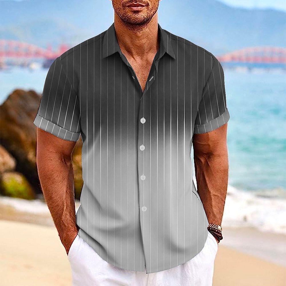 Lapel Button Short-sleeved Shirt Summer Fashion Gradient Striped Print Beach Shirt Leisure Tops Men's Clothing - GIFTS EMPORIUM
