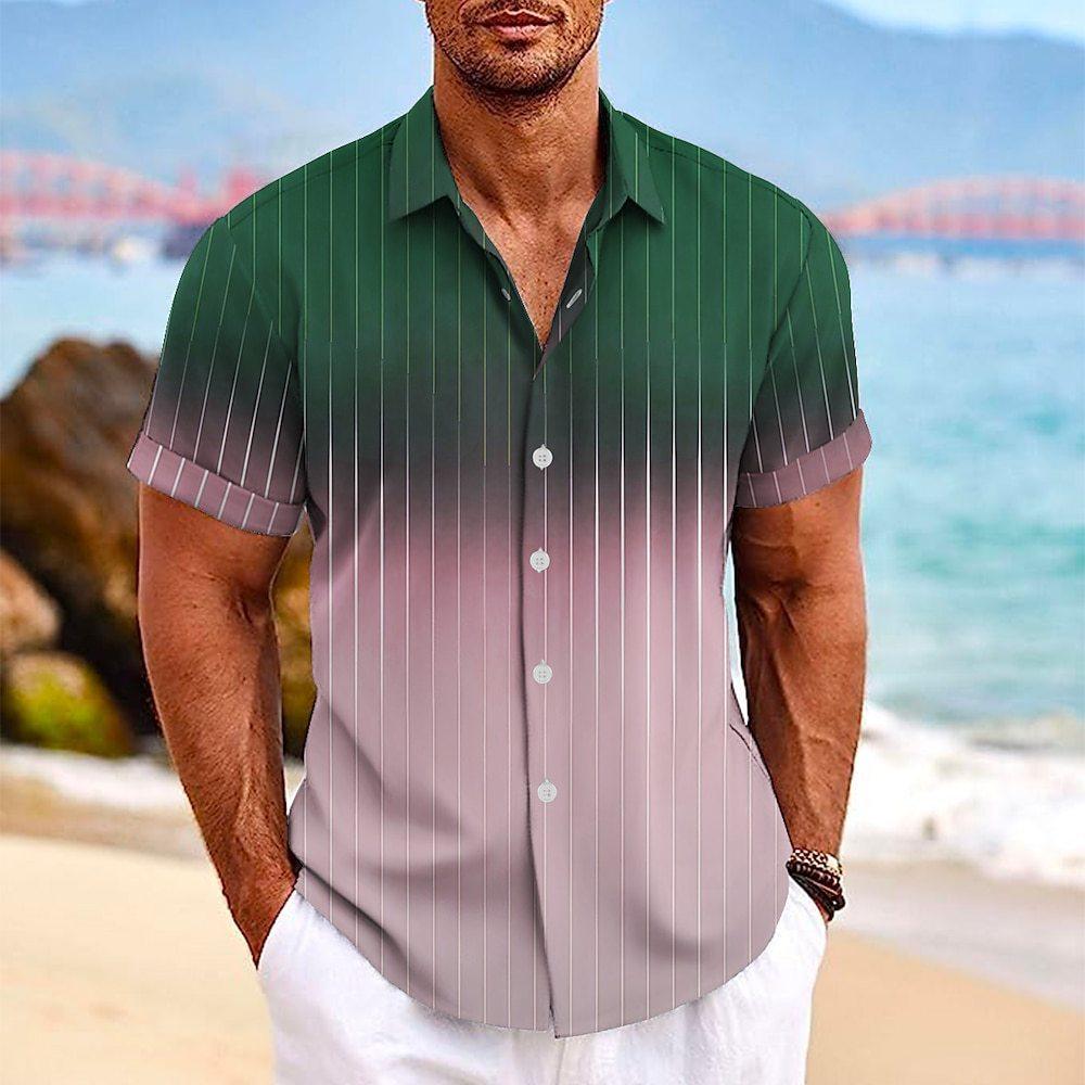 Lapel Button Short-sleeved Shirt Summer Fashion Gradient Striped Print Beach Shirt Leisure Tops Men's Clothing - GIFTS EMPORIUM