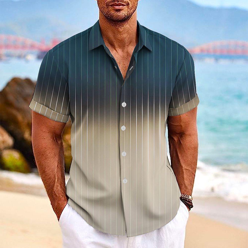 Lapel Button Short-sleeved Shirt Summer Fashion Gradient Striped Print Beach Shirt Leisure Tops Men's Clothing - GIFTS EMPORIUM