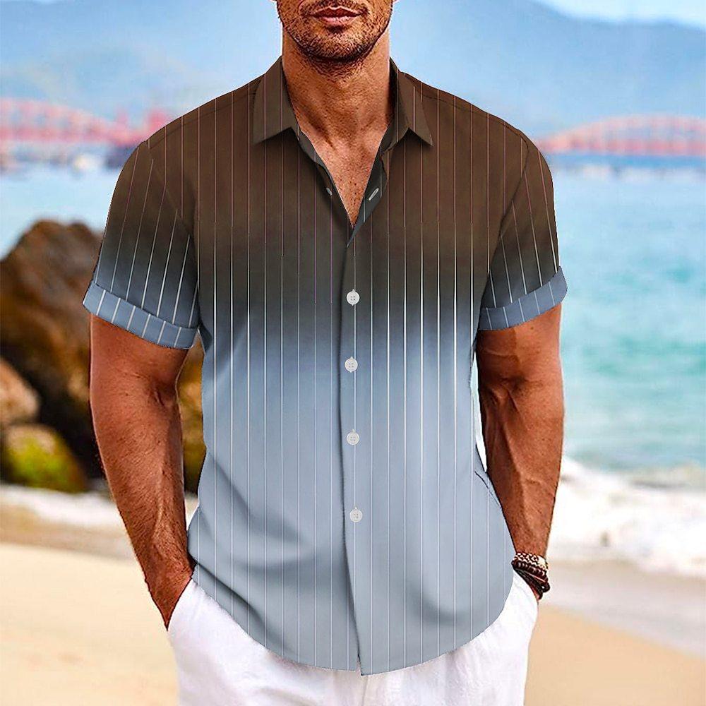 Lapel Button Short-sleeved Shirt Summer Fashion Gradient Striped Print Beach Shirt Leisure Tops Men's Clothing - GIFTS EMPORIUM