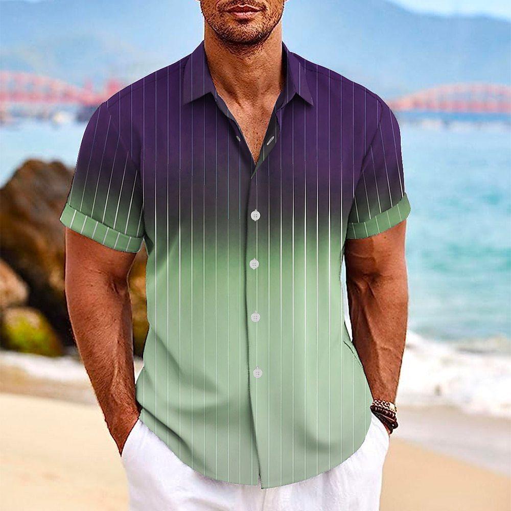 Lapel Button Short-sleeved Shirt Summer Fashion Gradient Striped Print Beach Shirt Leisure Tops Men's Clothing - GIFTS EMPORIUM