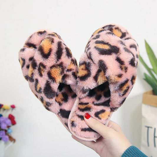 Cross-strap Fuzzy Slippers Leopard Plush House Shoes Flat Bedroom Slippers Slippers For Women - GIFTS EMPORIUM