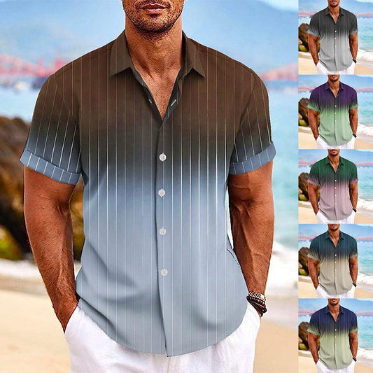 Lapel Button Short-sleeved Shirt Summer Fashion Gradient Striped Print Beach Shirt Leisure Tops Men's Clothing - GIFTS EMPORIUM