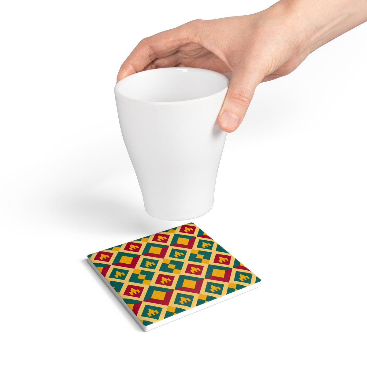 Geometric Moroccan Tile Ceramic Coaster — Colorful Retro Diamond Pattern