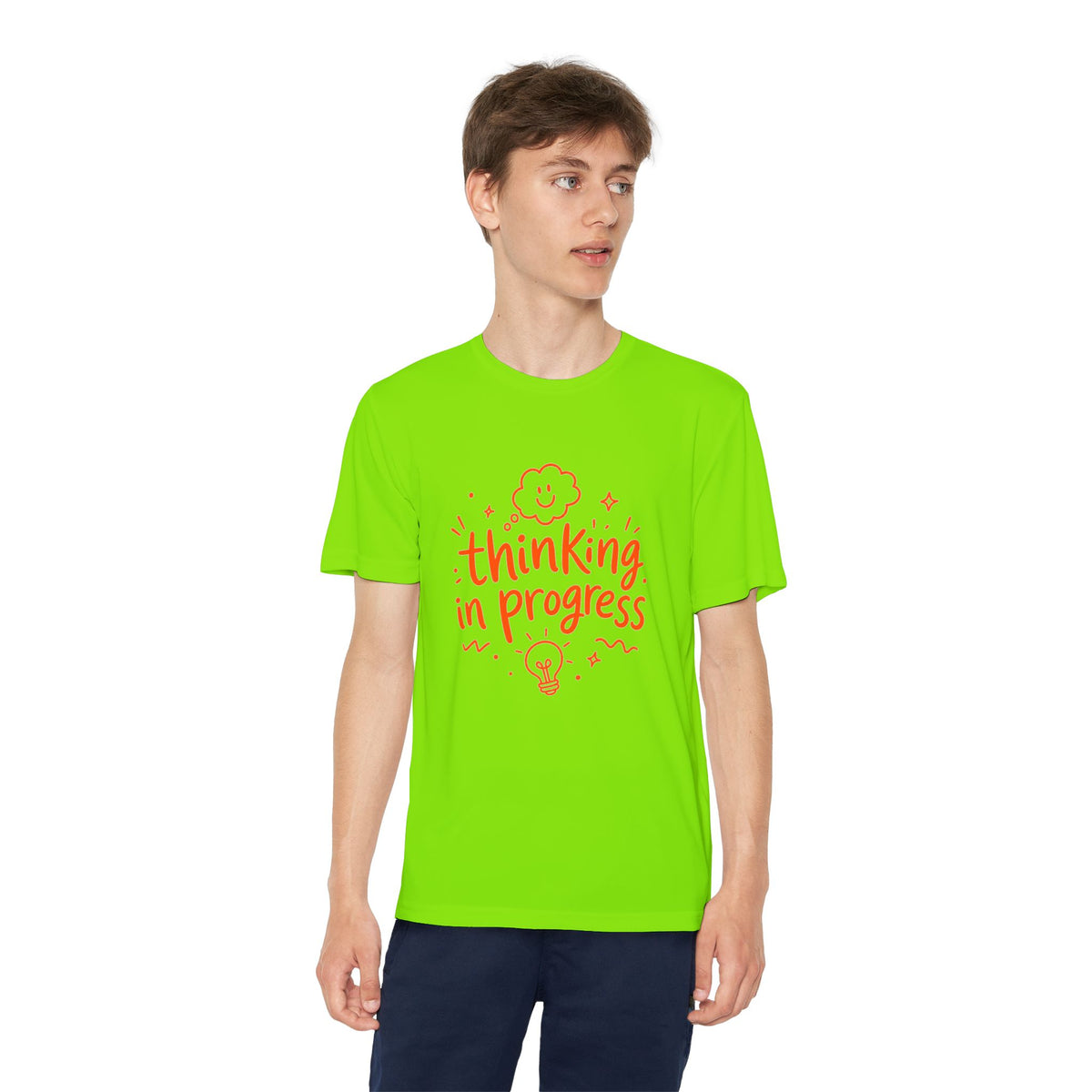 Youth T‑Shirt — "Thinking In Progress" Kids Graphic Tee (Cute Brain & Lightbulb Design)