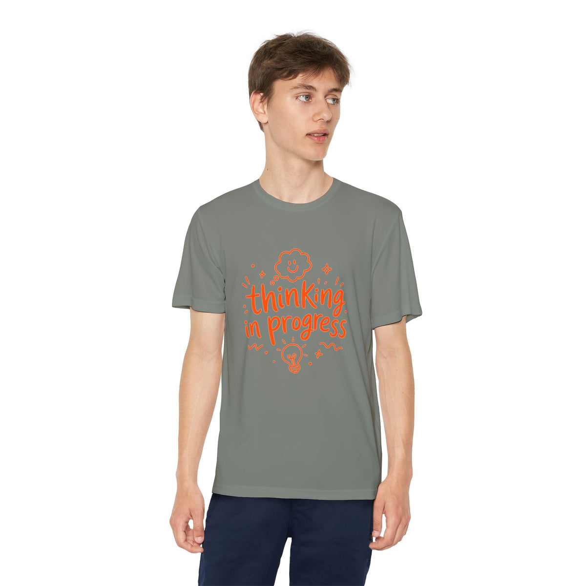 Youth T‑Shirt — "Thinking In Progress" Kids Graphic Tee (Cute Brain & Lightbulb Design)