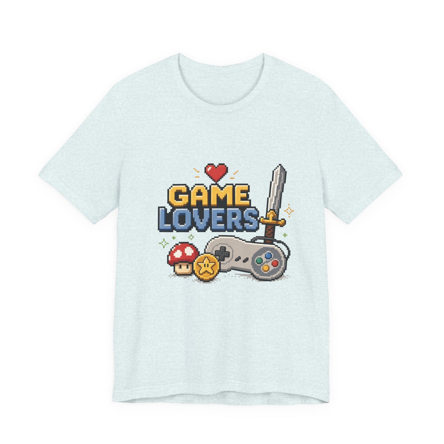 Game Lovers Pixel Art T-Shirt — Retro Controller, Sword & Power-Ups Tee
