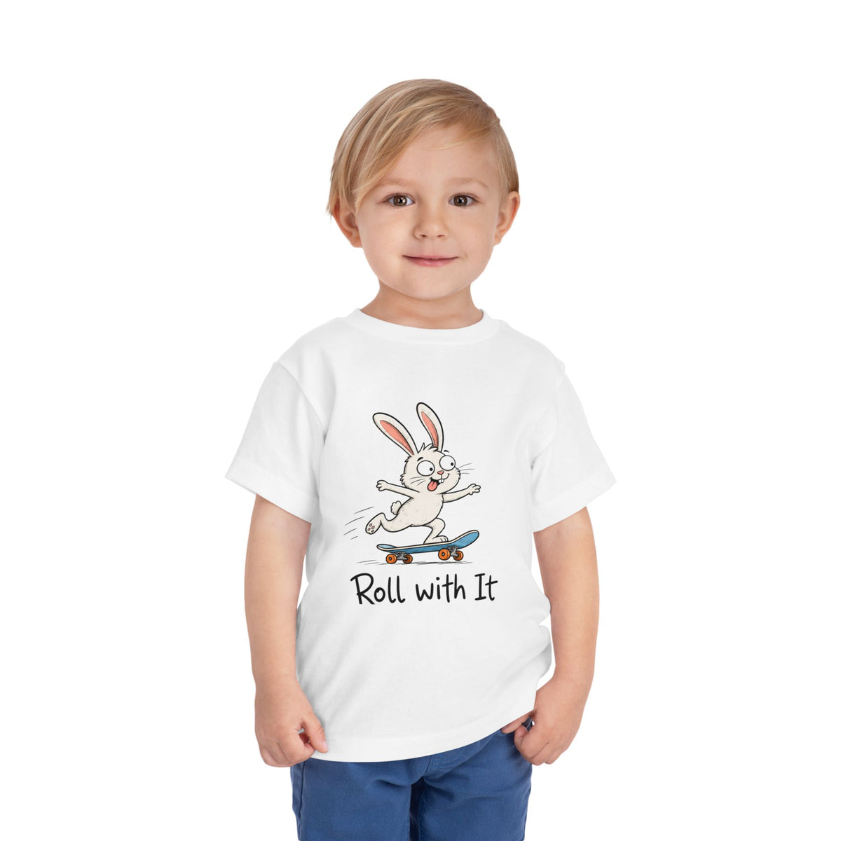 Toddler Tee — "Roll With It" Skateboarding Bunny Kids Shirt