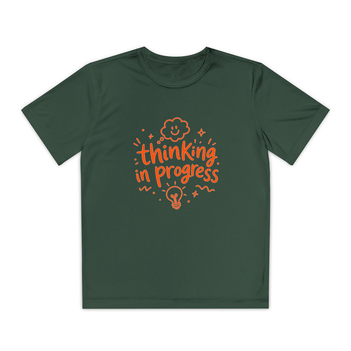 Youth T‑Shirt — "Thinking In Progress" Kids Graphic Tee (Cute Brain & Lightbulb Design)