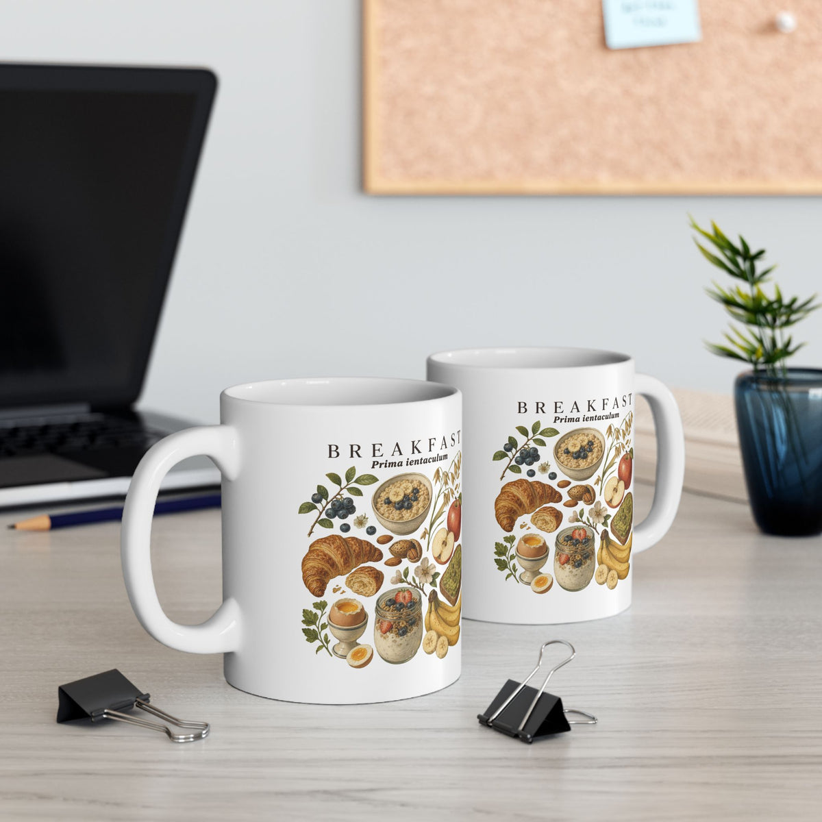 Breakfast Foods Ceramic Mug — Illustrated Fruits, Croissant & Eggs Coffee Cup (11oz/15oz)