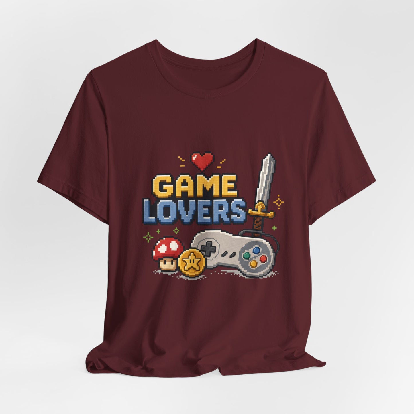 Game Lovers Pixel Art T-Shirt — Retro Controller, Sword & Power-Ups Tee