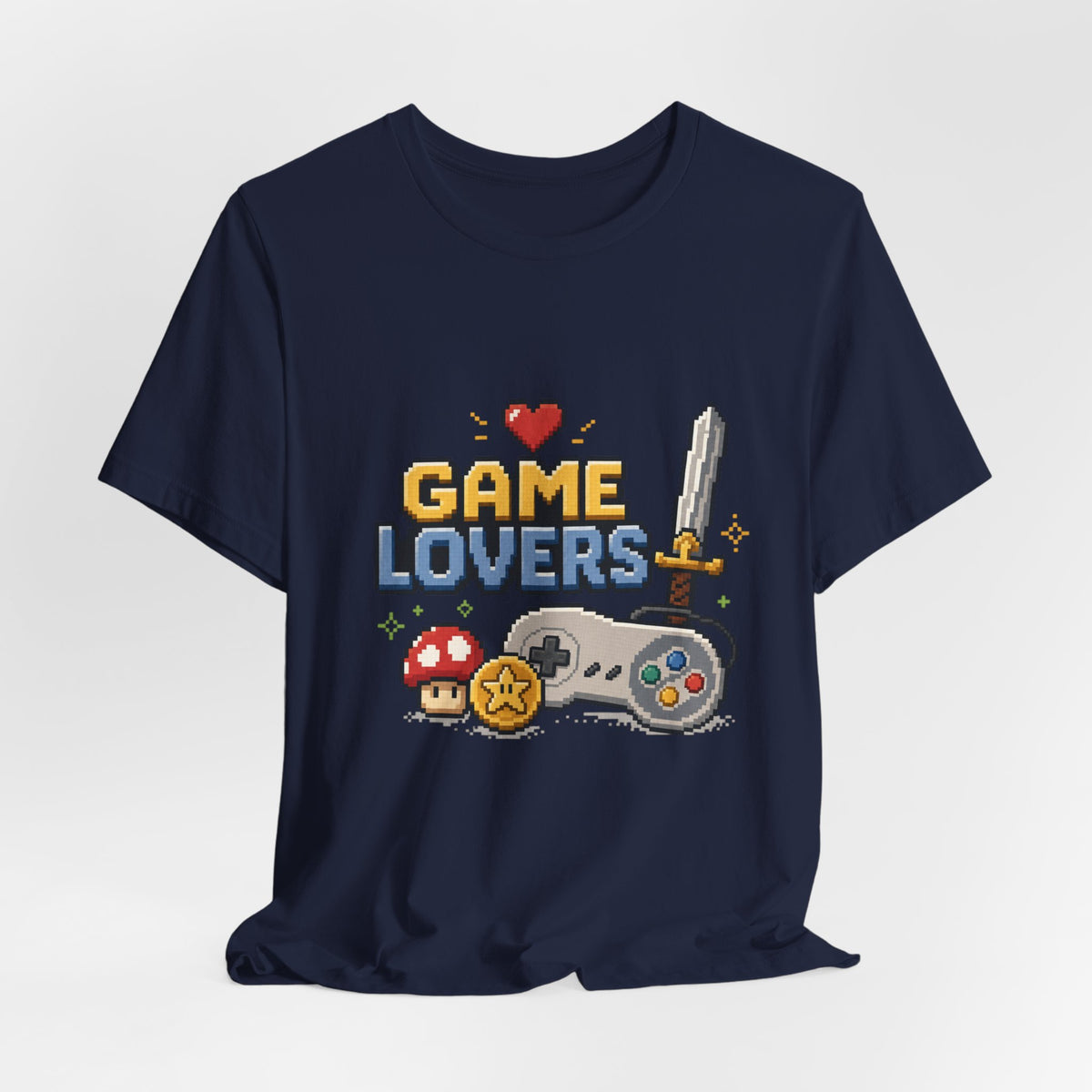 Game Lovers Pixel Art T-Shirt — Retro Controller, Sword & Power-Ups Tee