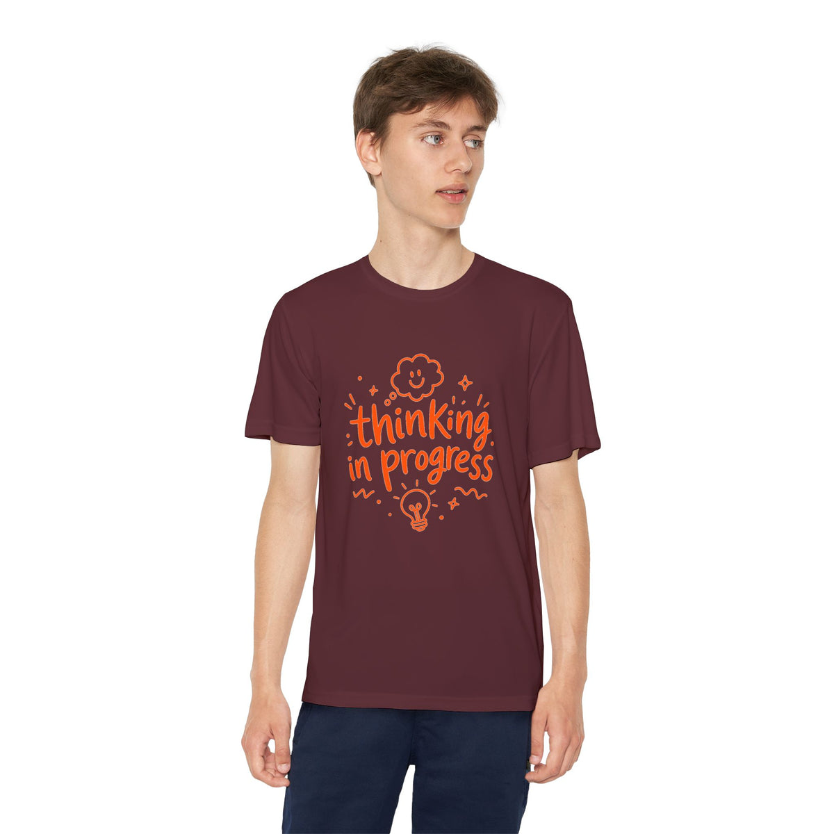 Youth T‑Shirt — "Thinking In Progress" Kids Graphic Tee (Cute Brain & Lightbulb Design)