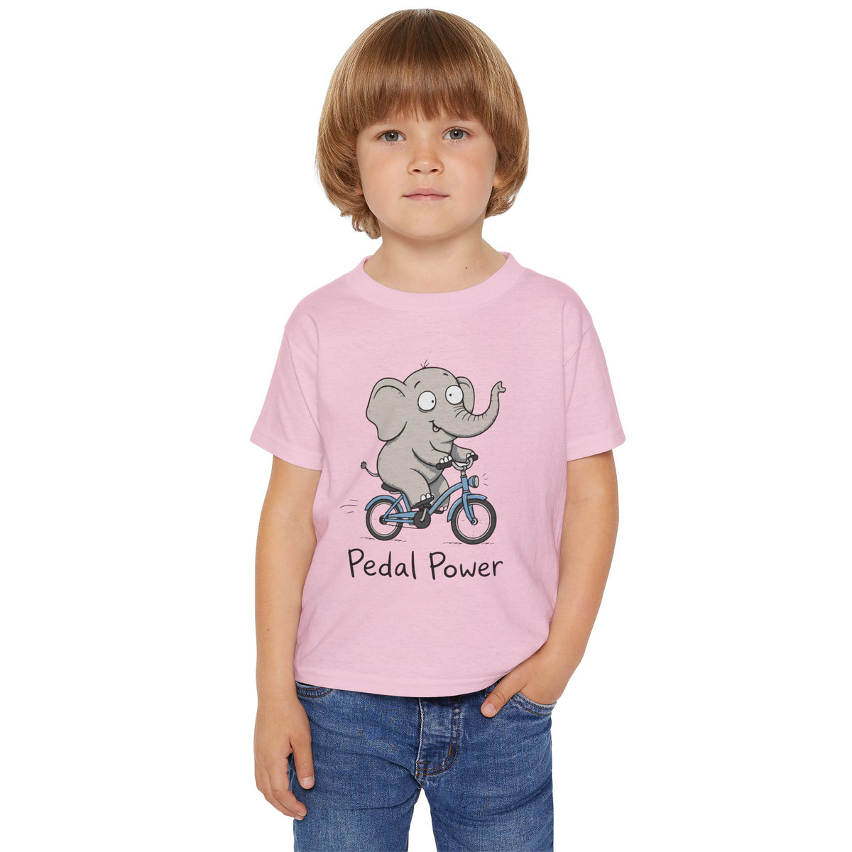 Toddler T‑Shirt — Cute Elephant on Bike “Pedal Power” (Kids’ Cute Bicycle Tee)