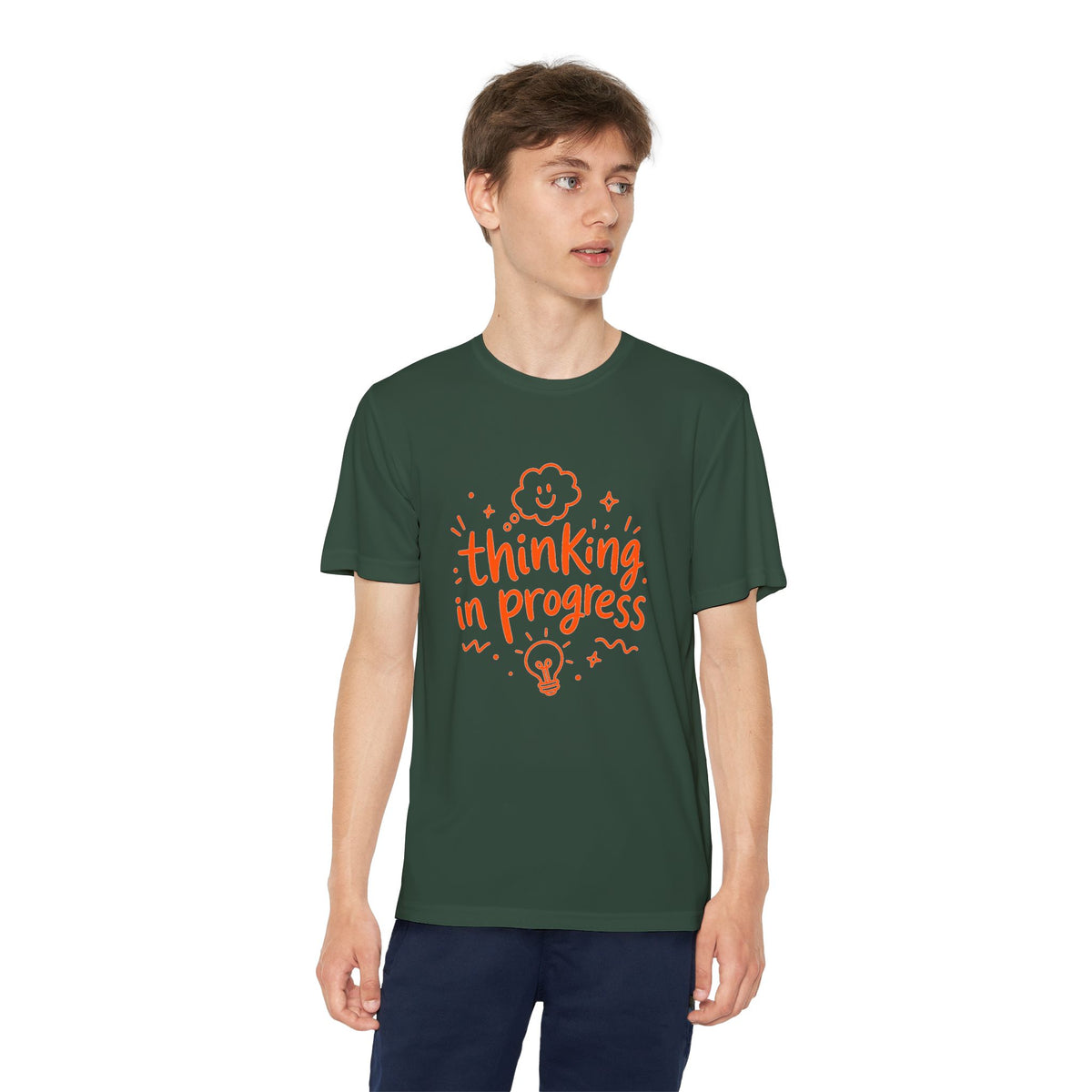 Youth T‑Shirt — "Thinking In Progress" Kids Graphic Tee (Cute Brain & Lightbulb Design)