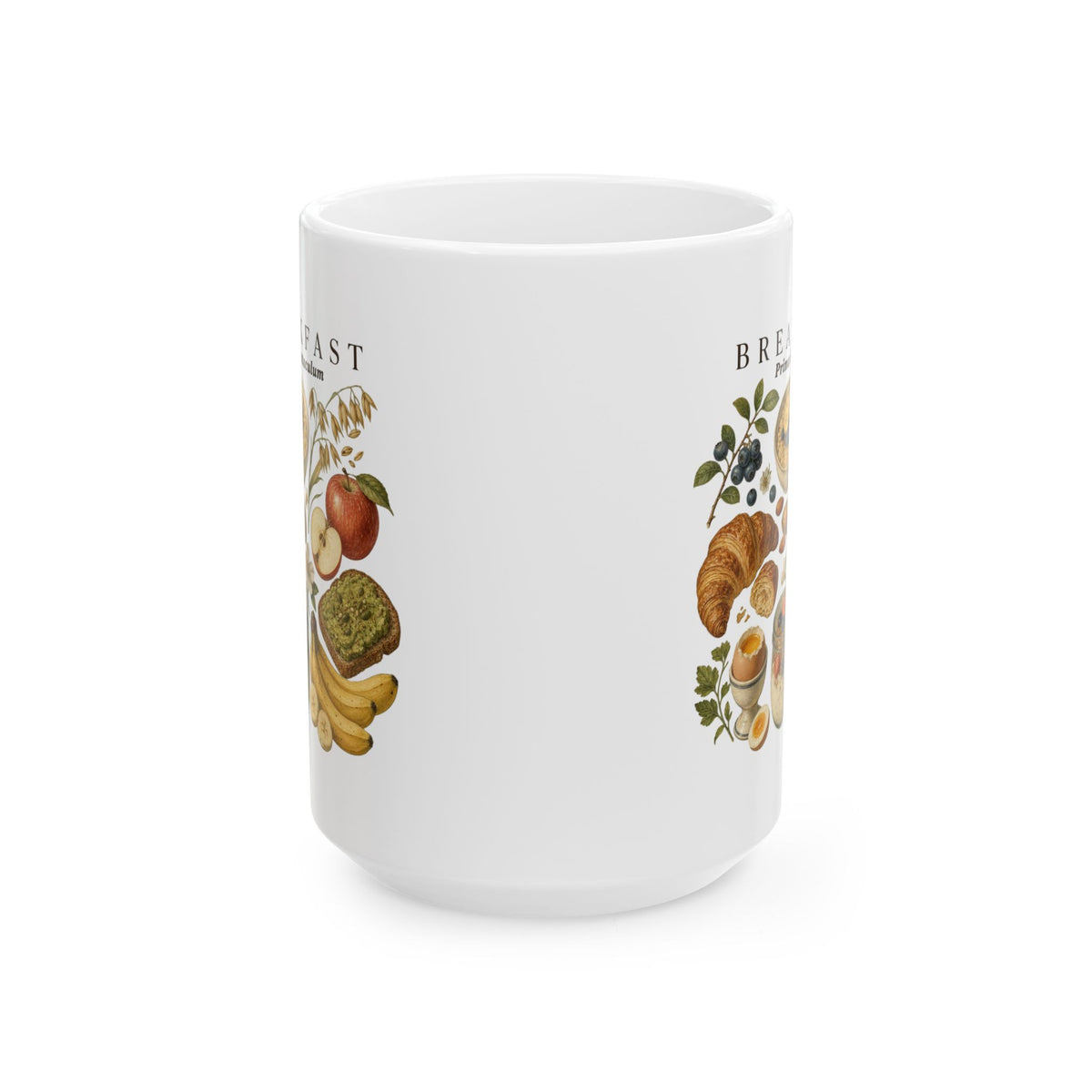 Breakfast Foods Ceramic Mug — Illustrated Fruits, Croissant & Eggs Coffee Cup (11oz/15oz)