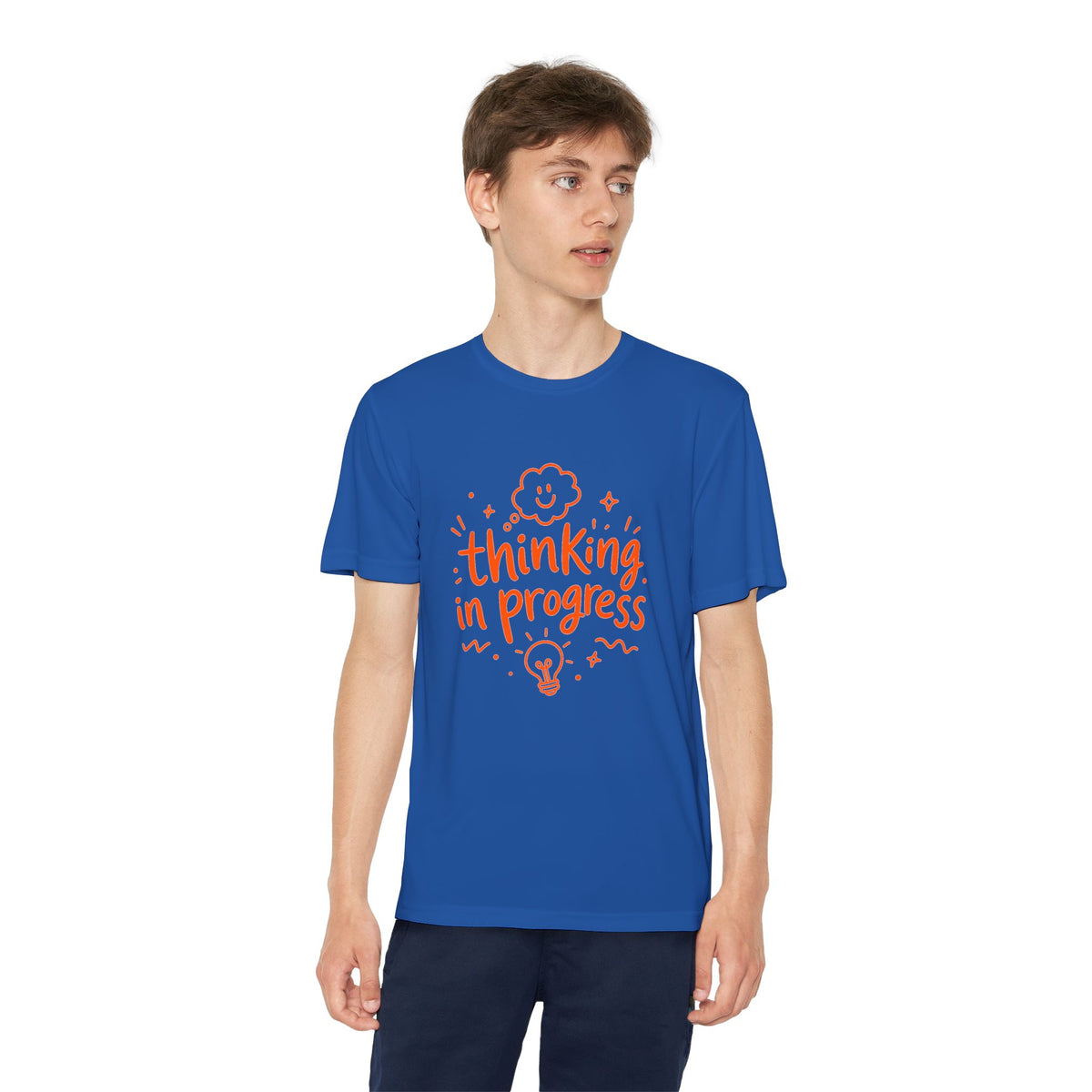 Youth T‑Shirt — "Thinking In Progress" Kids Graphic Tee (Cute Brain & Lightbulb Design)