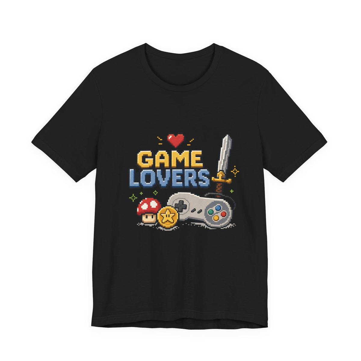 Game Lovers Pixel Art T-Shirt — Retro Controller, Sword & Power-Ups Tee