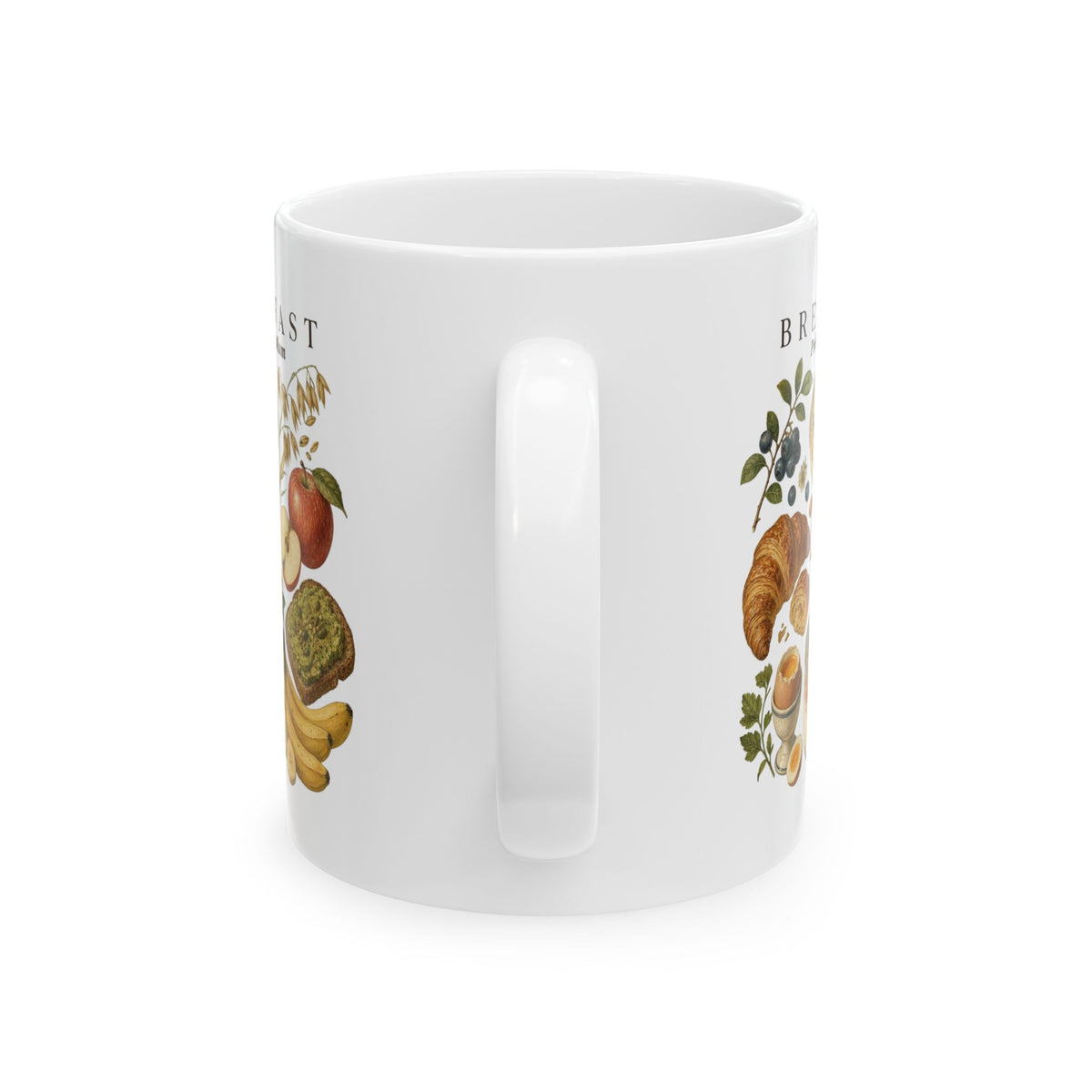 Breakfast Foods Ceramic Mug — Illustrated Fruits, Croissant & Eggs Coffee Cup (11oz/15oz)