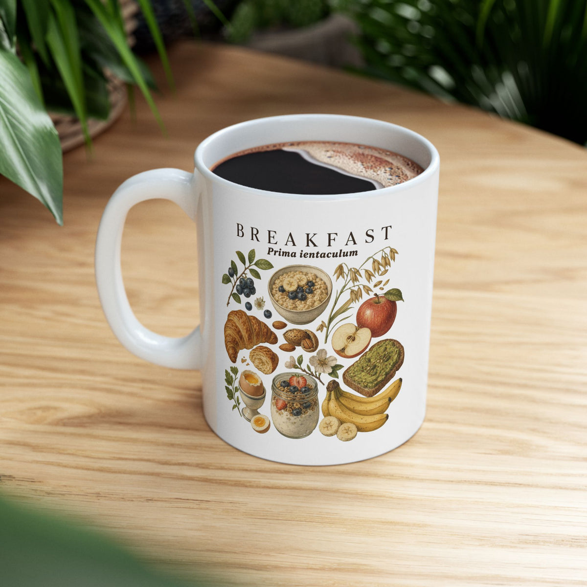 Breakfast Foods Ceramic Mug — Illustrated Fruits, Croissant & Eggs Coffee Cup (11oz/15oz)