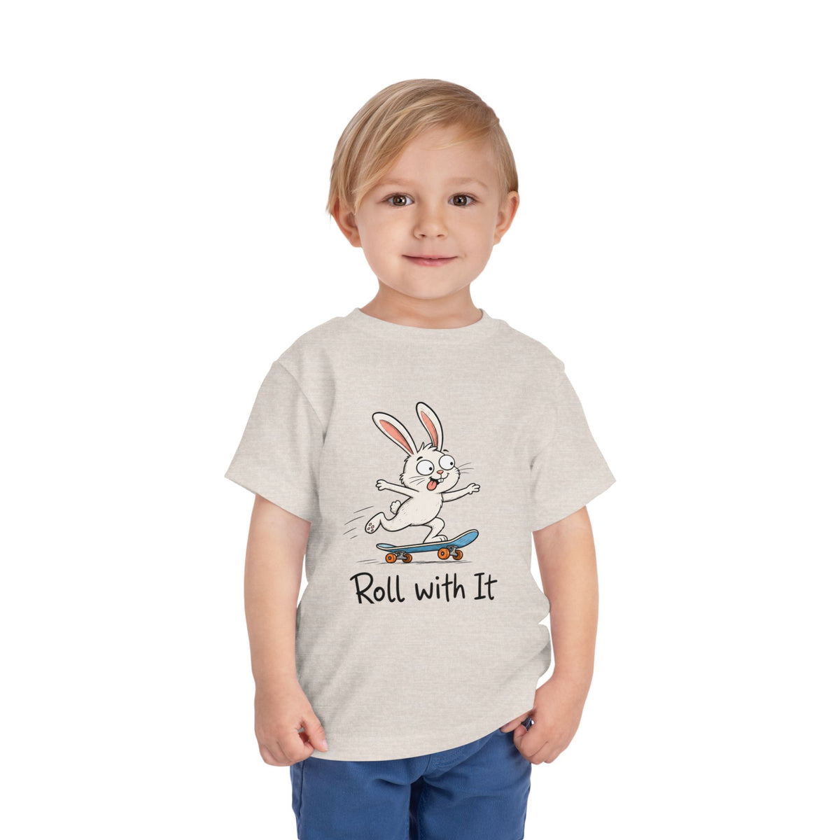 Toddler Tee — "Roll With It" Skateboarding Bunny Kids Shirt