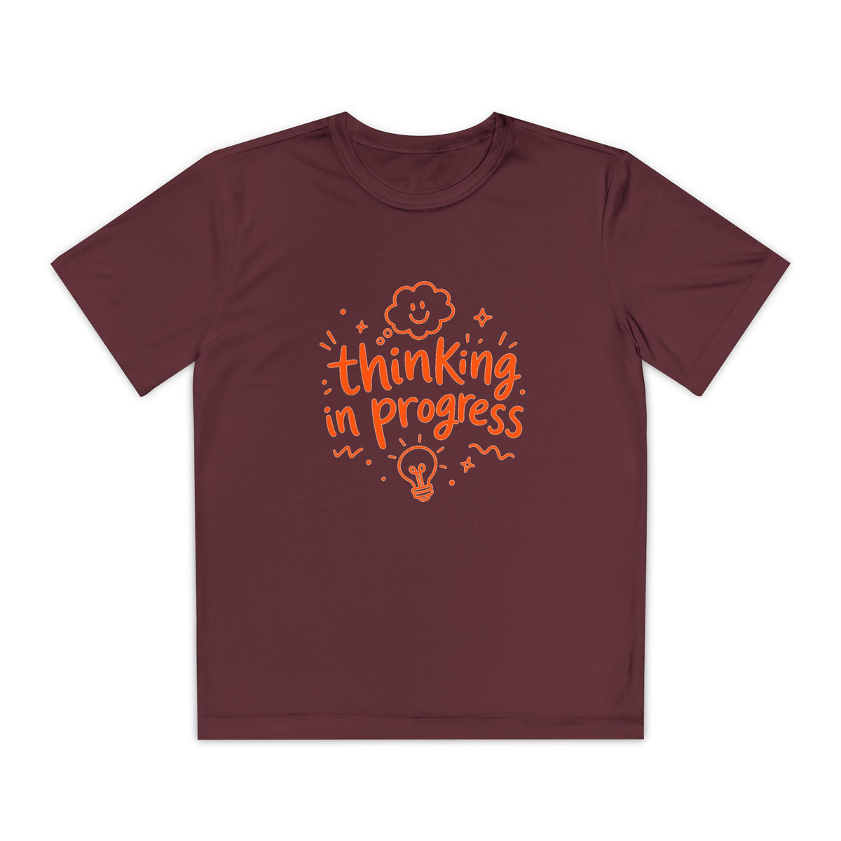 Youth T‑Shirt — "Thinking In Progress" Kids Graphic Tee (Cute Brain & Lightbulb Design)