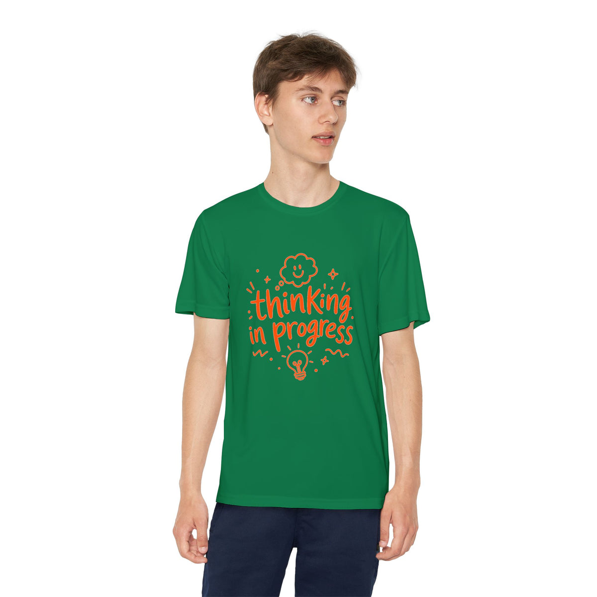 Youth T‑Shirt — "Thinking In Progress" Kids Graphic Tee (Cute Brain & Lightbulb Design)