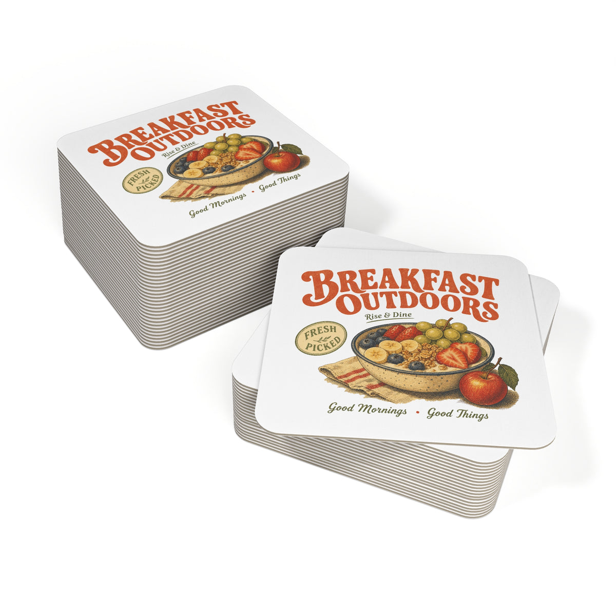 Breakfast Outdoors Coasters — Retro Fruit Bowl Drink Coaster Set (50/100 pcs)