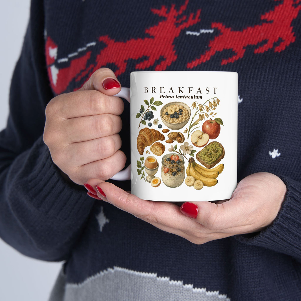 Breakfast Foods Ceramic Mug — Illustrated Fruits, Croissant & Eggs Coffee Cup (11oz/15oz)