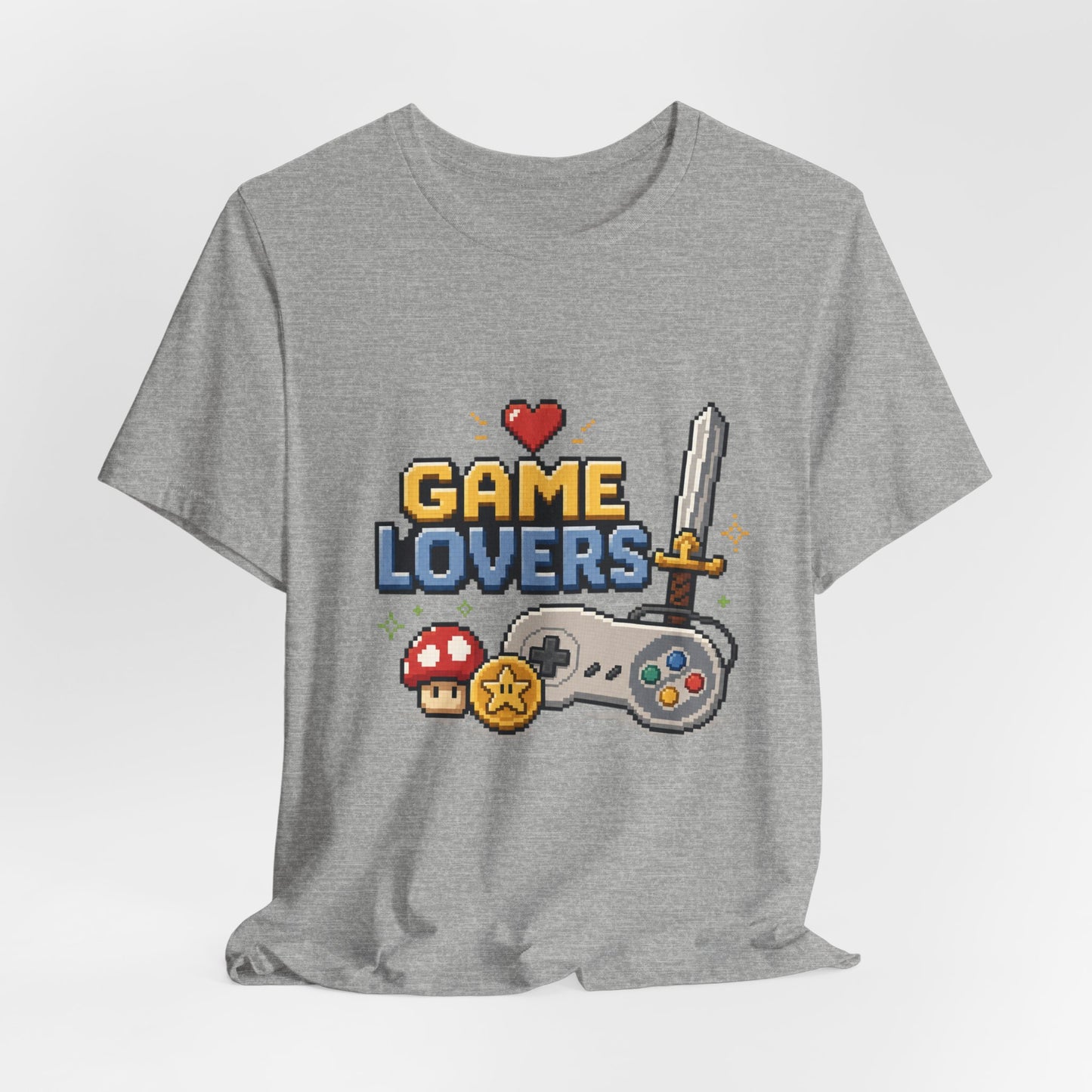 Game Lovers Pixel Art T-Shirt — Retro Controller, Sword & Power-Ups Tee