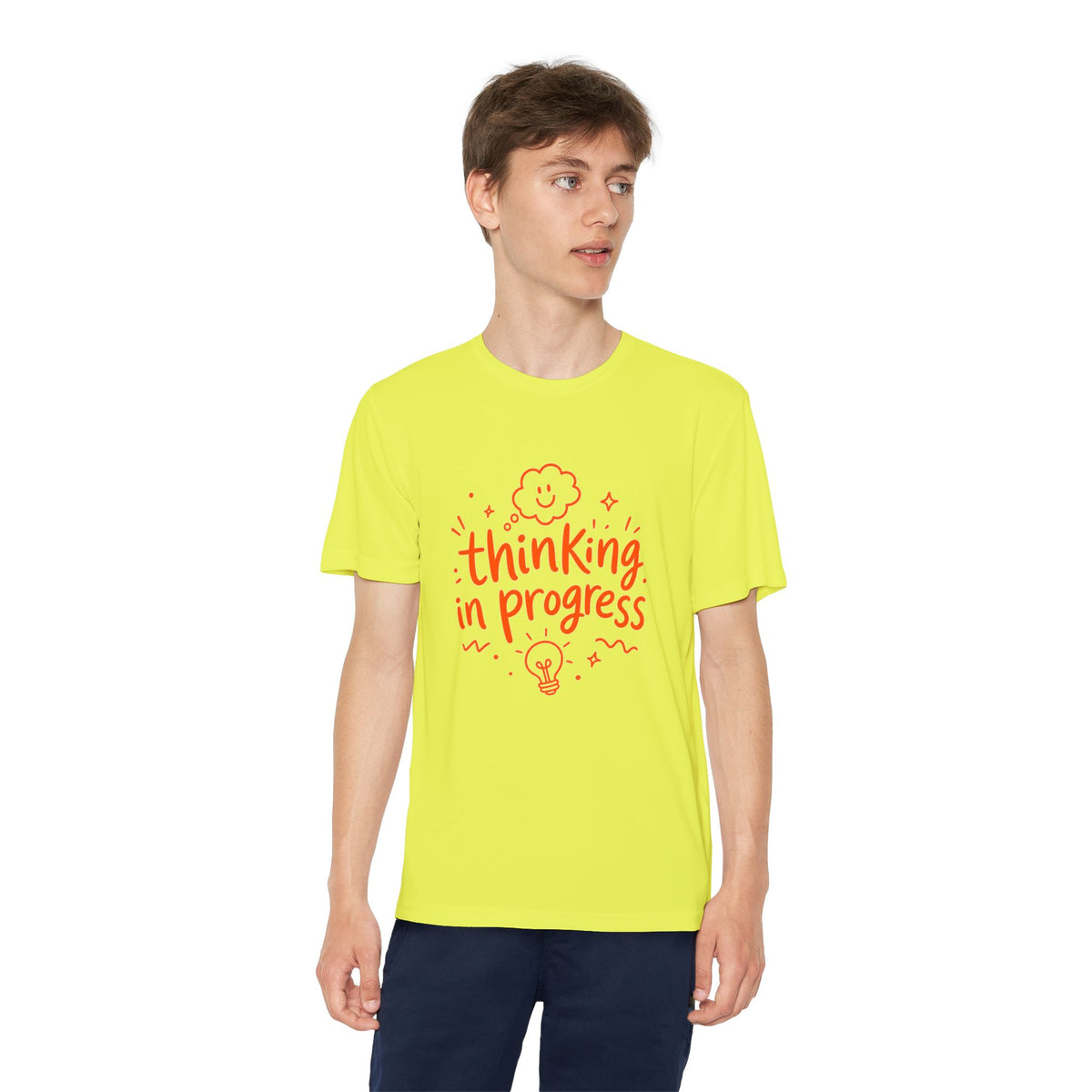 Youth T‑Shirt — "Thinking In Progress" Kids Graphic Tee (Cute Brain & Lightbulb Design)