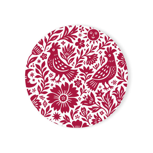 Round Cork Coaster — Red Folk Bird & Floral Design
