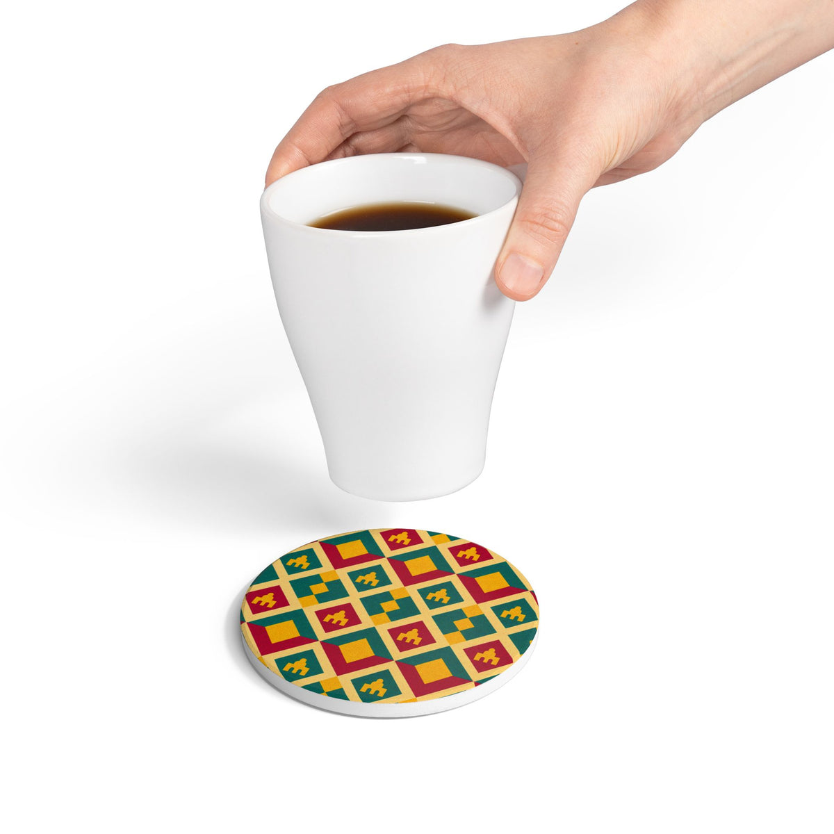 Geometric Moroccan Tile Ceramic Coaster — Colorful Retro Diamond Pattern