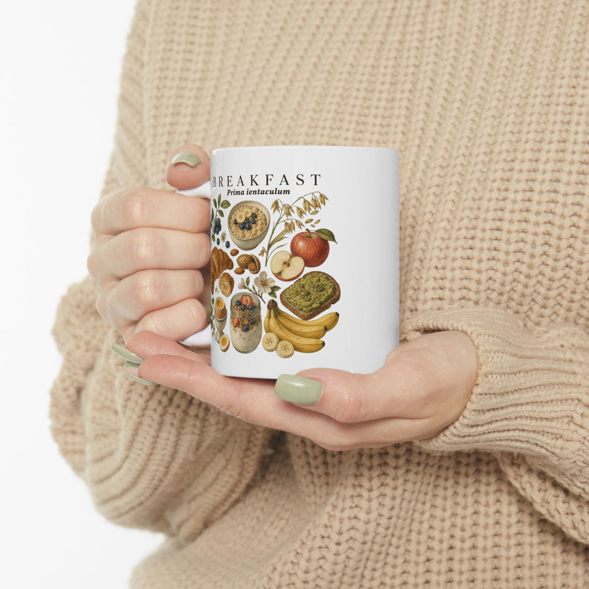 Breakfast Foods Ceramic Mug — Illustrated Fruits, Croissant & Eggs Coffee Cup (11oz/15oz)