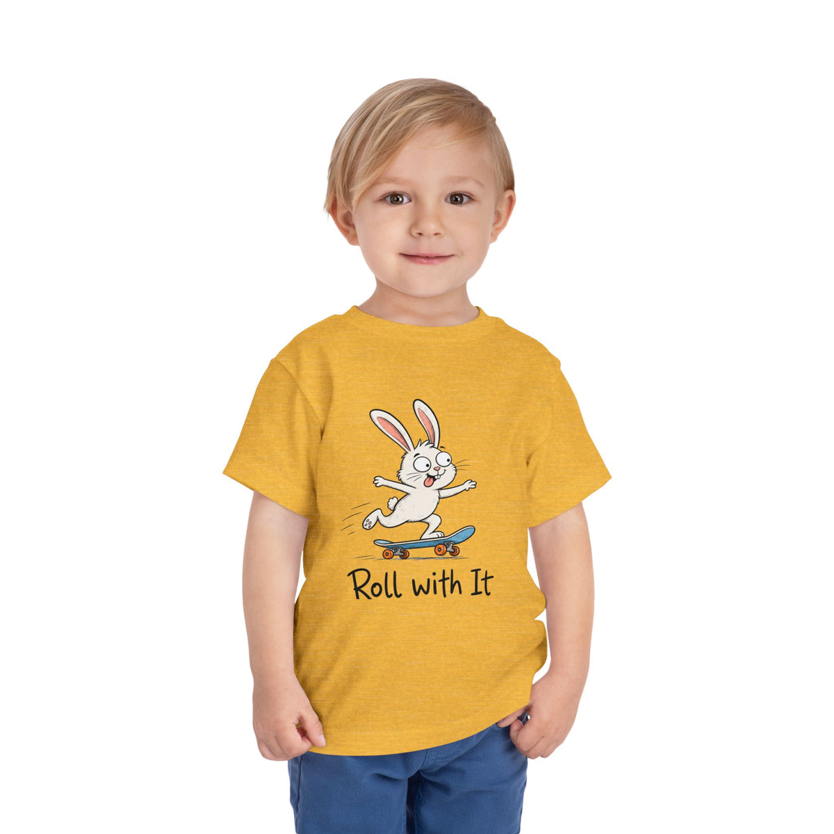 Toddler Tee — "Roll With It" Skateboarding Bunny Kids Shirt