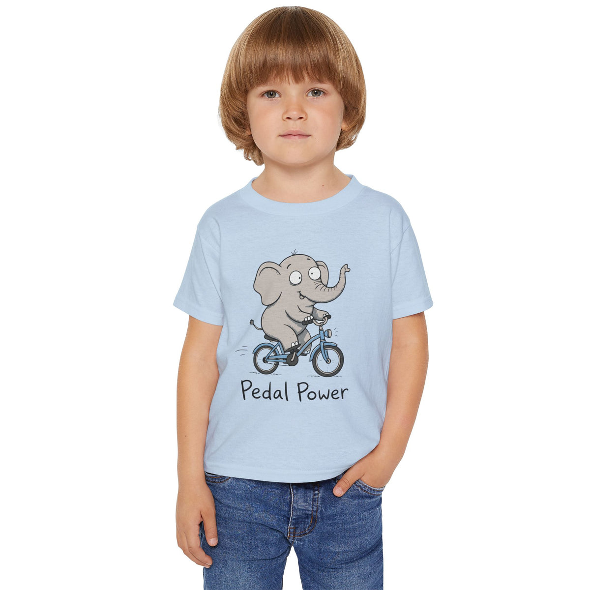 Toddler T‑Shirt — Cute Elephant on Bike “Pedal Power” (Kids’ Cute Bicycle Tee)
