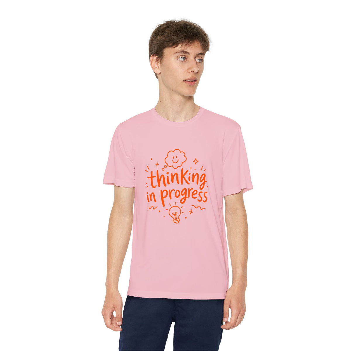 Youth T‑Shirt — "Thinking In Progress" Kids Graphic Tee (Cute Brain & Lightbulb Design)