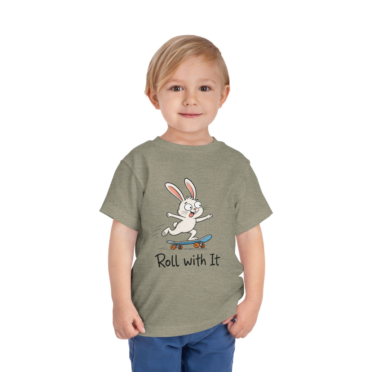 Toddler Tee — "Roll With It" Skateboarding Bunny Kids Shirt