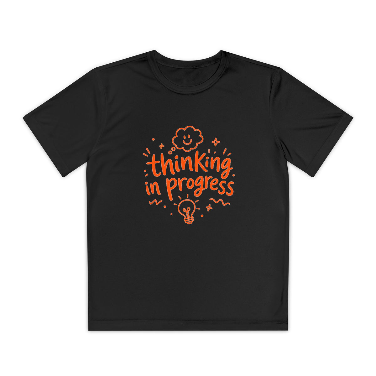Youth T‑Shirt — "Thinking In Progress" Kids Graphic Tee (Cute Brain & Lightbulb Design)