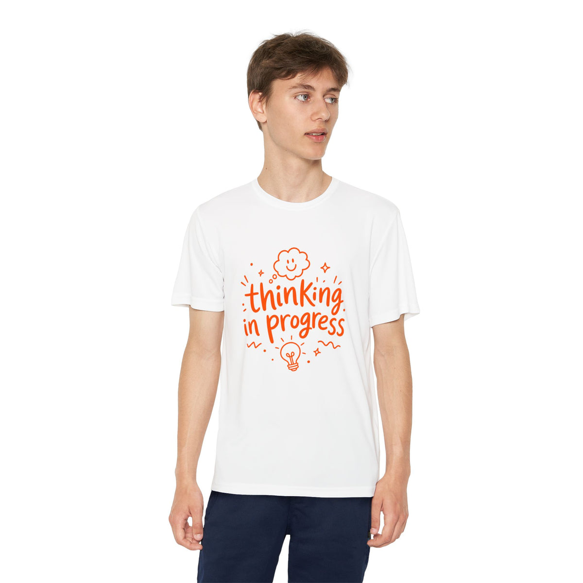Youth T‑Shirt — "Thinking In Progress" Kids Graphic Tee (Cute Brain & Lightbulb Design)