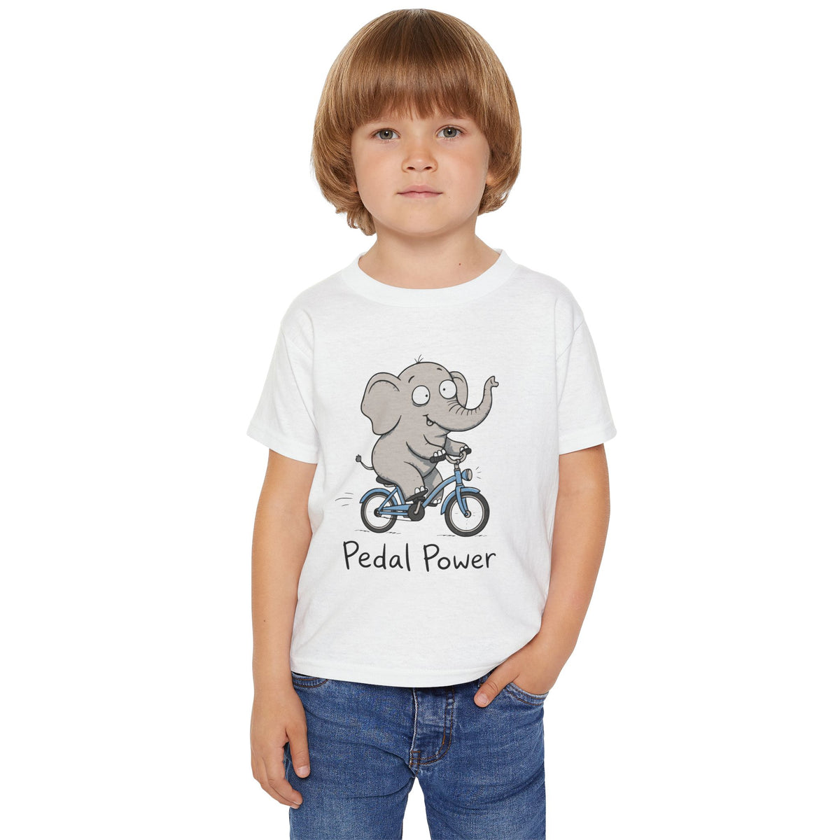 Toddler T‑Shirt — Cute Elephant on Bike “Pedal Power” (Kids’ Cute Bicycle Tee)