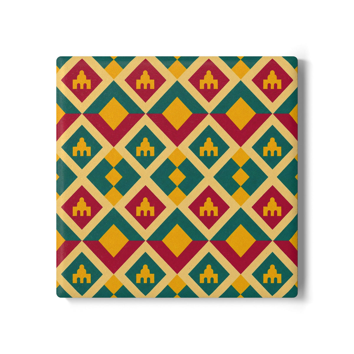 Geometric Moroccan Tile Ceramic Coaster — Colorful Retro Diamond Pattern