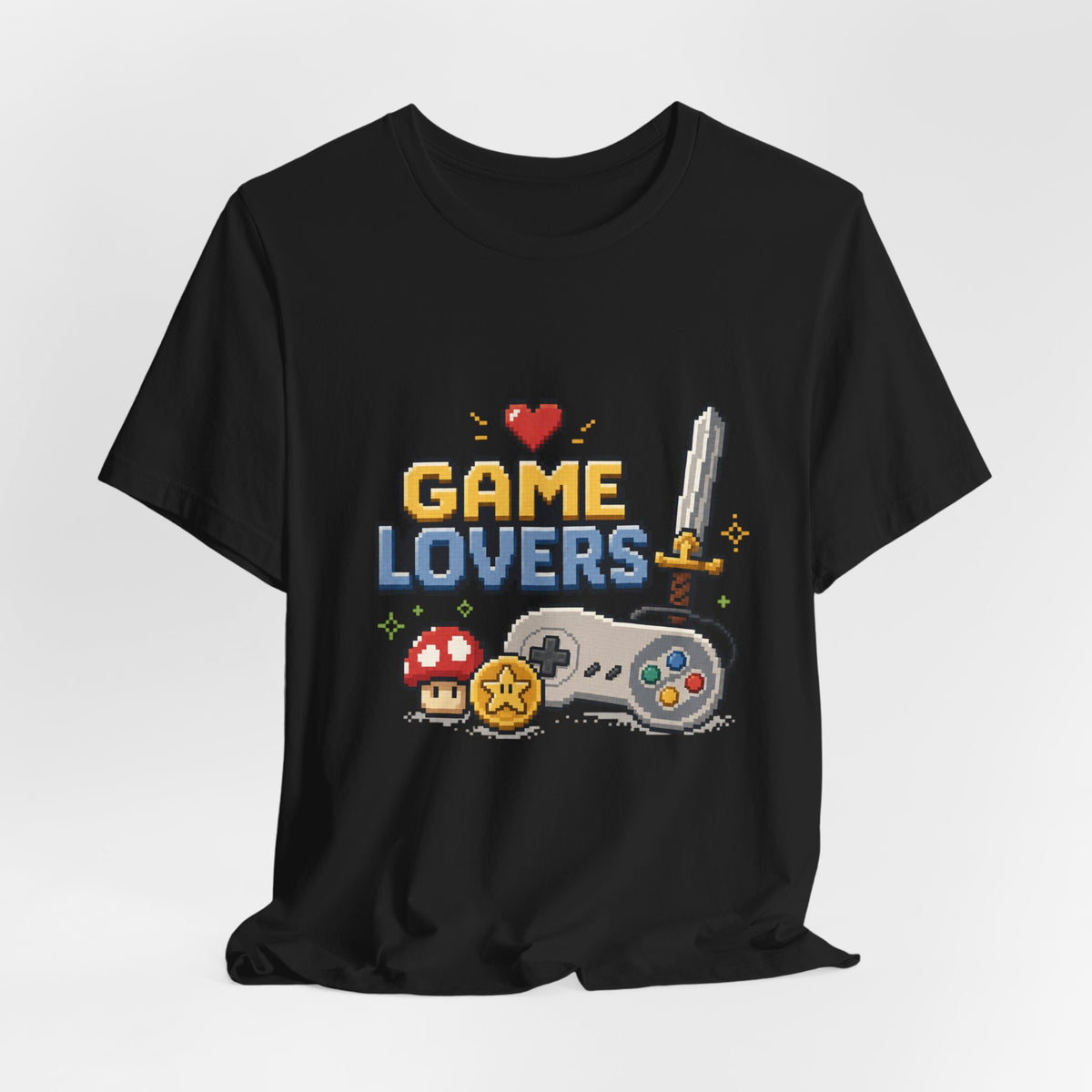 Game Lovers Pixel Art T-Shirt — Retro Controller, Sword & Power-Ups Tee