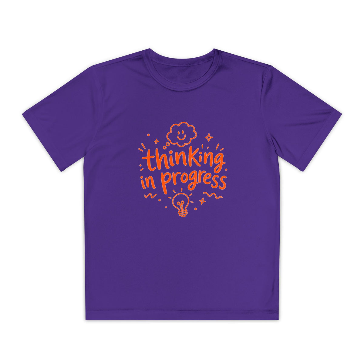 Youth T‑Shirt — "Thinking In Progress" Kids Graphic Tee (Cute Brain & Lightbulb Design)